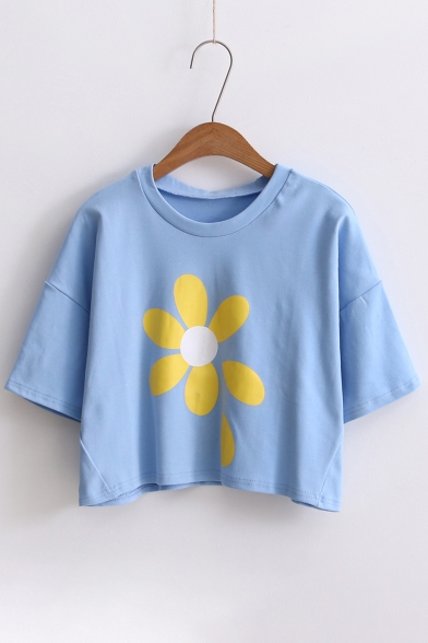 New Arrival Lovely Round Neck Floral Printed Short Sleeve Tee