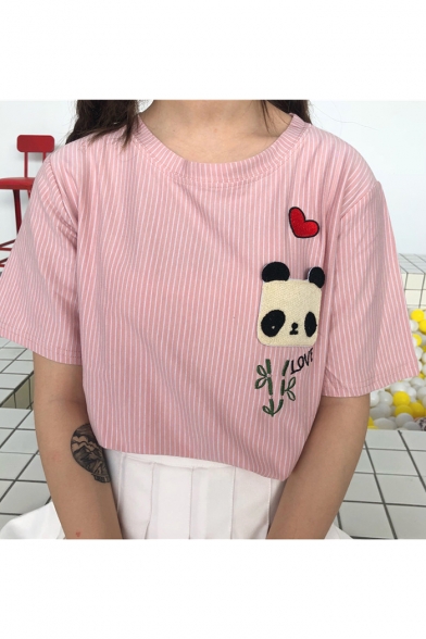 Panda Heart Embroidered Patched Round Neck Striped Printed Short Sleeve Tee