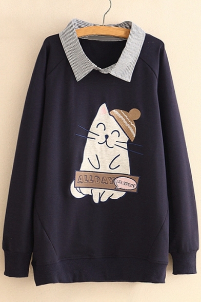 Popular Cat Cartoon Letter Embroidered Lapel Long Sleeves Pullover Layered Sweatshirt