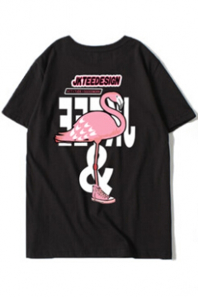 Popular Flamingo Letter Print Round Neck Short Sleeves Summer T-shirt