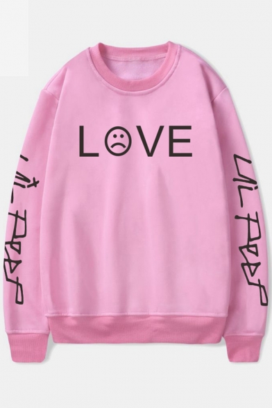 Sad Face Letter Printed Round Neck Long Sleeve Pullover Sweatshirt