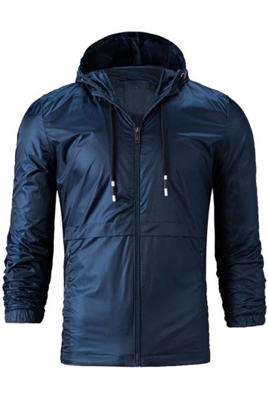 Sportive Plain Zip Up Drawstring Detail Men's Slim Fit Outdoor Hooded Jacket