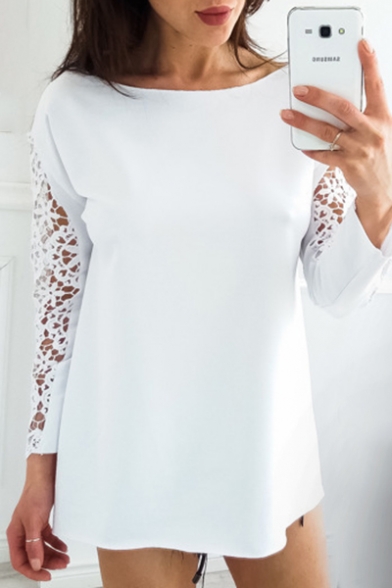 Spring Collection Lace Insert Long Sleeve Boat Neck Leisure Loose Tee