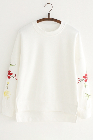 Spring Fashion Floral Embroidery Round Neck Long Sleeves Dipped Hem Sweatshirt