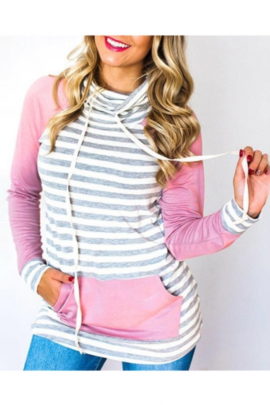 Spring Fashion Striped Color Block Turtleneck Pocket Front Slim Sweatshirt