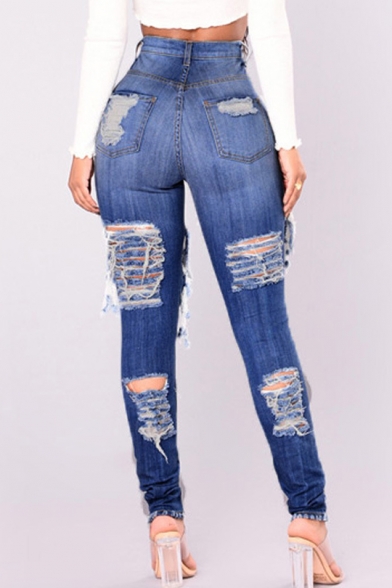 Street Fashion Ripped Off Hollow Detail Zipper Fly High Waist Skinny Jeans