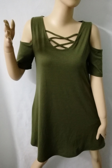 Summer Fashion Plain V-Neck Lace-up Detail Short Sleeve Cold Shoulder Mini T-shirt Dress