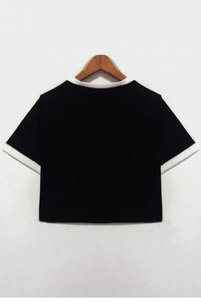 Summer Fashion Symbol Print Color Block Round Neck Short Sleeves Cropped Tee