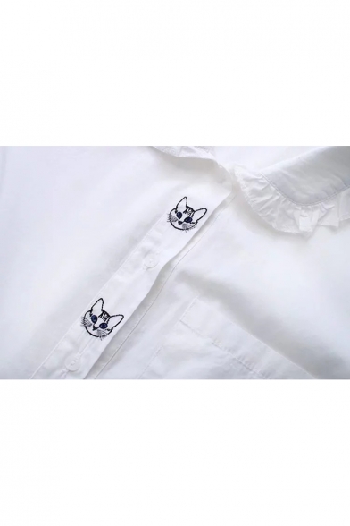 Cat Cartoon Embroidered Peter Pan Collar Button Front Shirt