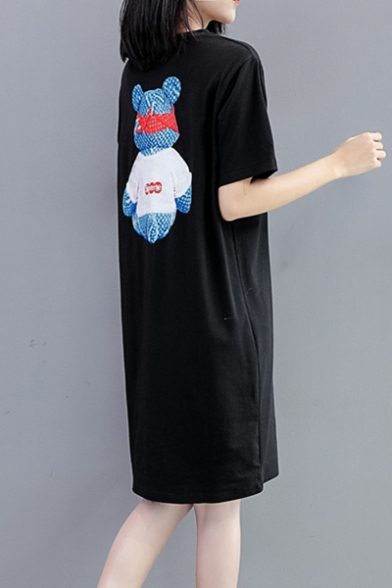Cartoon Bear Printed Round Neck Short Sleeve Midi T-Shirt Dress