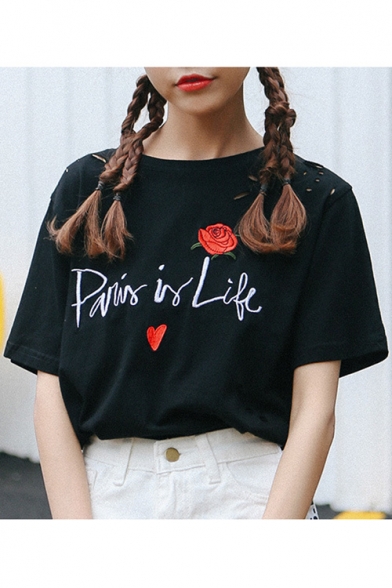 Chic Floral Letter Embroidered Round Neck Short Sleeves Ripped Off Tee
