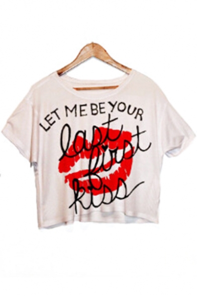 Chic Letter Lip Printed Round Neck Short Sleeve Cropped Tee