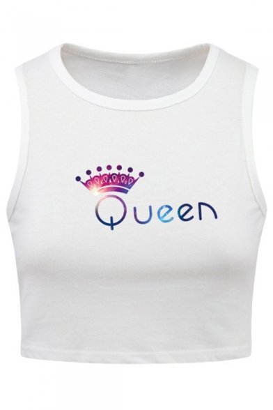 Colorful Letter Crown Printed Round Neck Sleeveless Cropped Graphic Tank