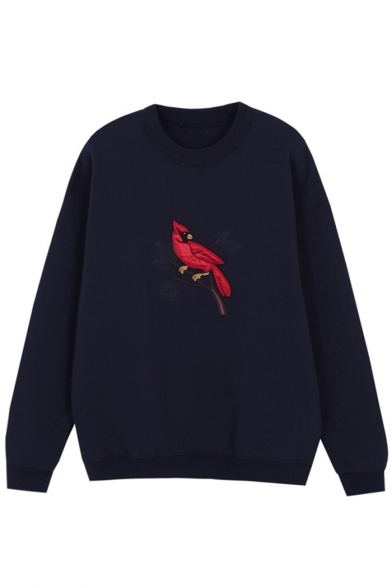 Comic Bird Embroidered Round Neck Long Sleeve Oversize Pullover Sweatshirt