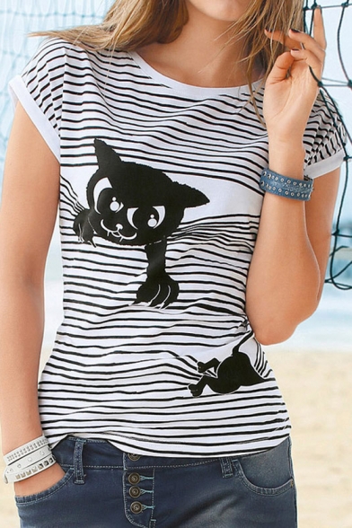 Cute Cat Striped Pattern Round Neck Short Sleeves Summer T-shirt