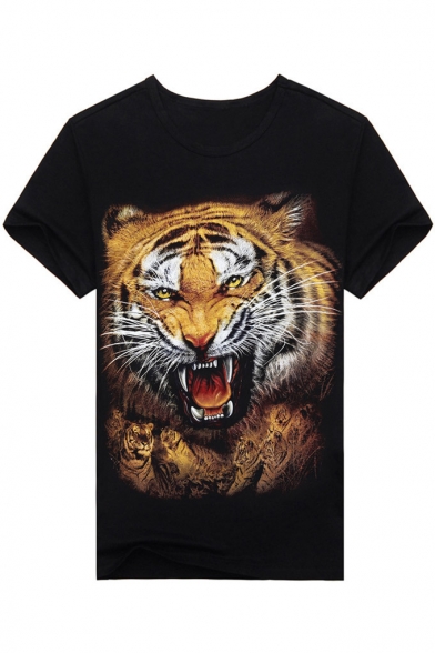 Fashionable Tiger Print Round Neck Short Sleeves Casual Summer Tee