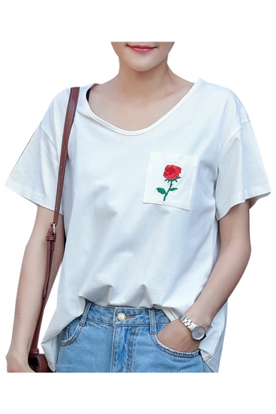 Floral Embroidered Detail Pocket Round Neck Short Sleeve Leisure Comfort Tee