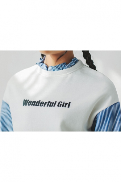 Girlish Letter Print Ruffle Neck Bow Cuff Color Block Striped Sleeve Pullover Sweatshirt