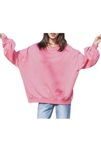 Girlish Plain Bow Tie Hollow Back Round Neck Long Sleeves Pullover Loose Sweatshirt