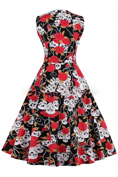 Gothic Skull Floral Rose Print Square Neck Button Detail Midi Fit & Flare Dress