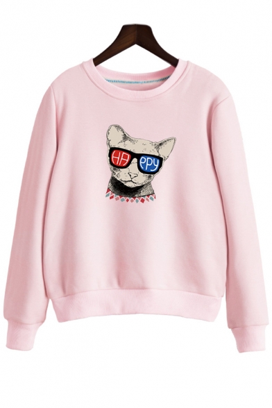 Hot Fashion Cat Cartoon Letter Print Round Neck Long Sleeves Pullover Sweatshirt