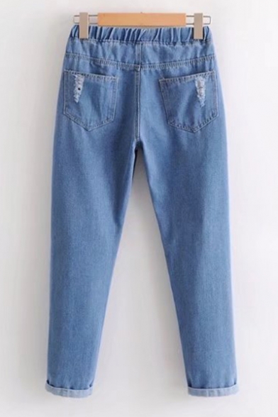 Ripped Off Detail Drawstring Waist Turn Up Ankle Casual Jeans