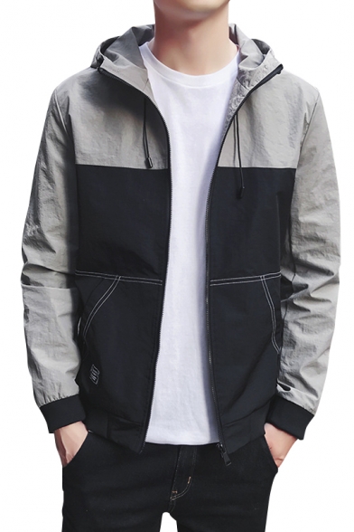 New Arrival Simple Color Block Zip Up Long Sleeve Hooded Coat