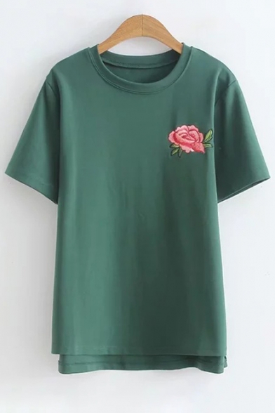 Retro Floral Embroidered Round Neck Short Sleeves Summer T-shirt