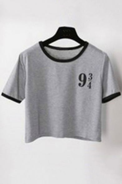 Simple Number Pattern Color Block Round Neck Short Sleeves Cropped Tee