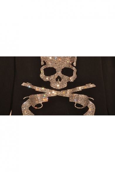 Skull Gun Printed Diamante Embellished Round Neck Long Sleeve Pullover Sweatshirt