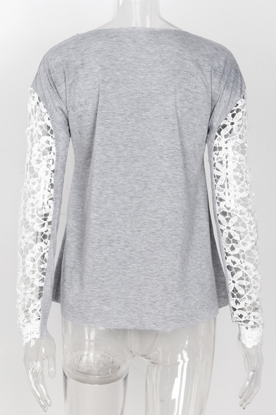 Spring Collection Lace Insert Long Sleeve Boat Neck Leisure Loose Tee