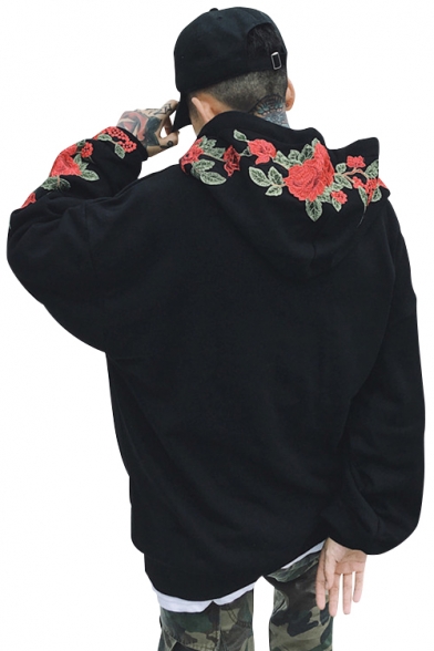 Stylish Rose Embroidered Long Sleeve Leisure Hoodie for Couple