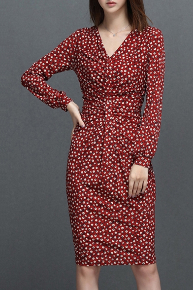 Trendy Allover Pattern V-Neck Long Sleeve Ruched Waist Pencil Midi Dress