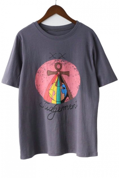Unique Earth Letter Print Round Neck Short Sleeves Summer T-shirt