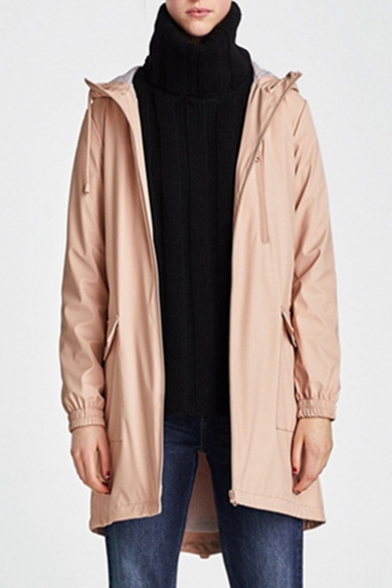 Women's Fashion Plain Hooded Zip Up Flap Pocket Waterproof Longline Coat