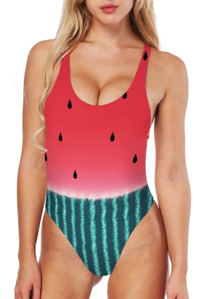 Women's Fashion Watermelon Print Scoop Neck Hollow Out One Piece Swimwear