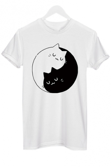 Yin Yang Cats Printed Round Neck Short Sleeve Leisure Tee