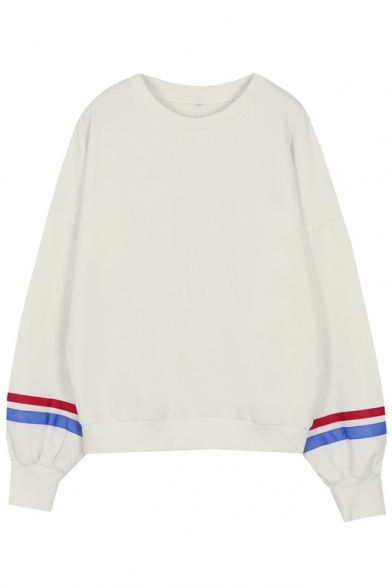 Basic Simple Chic Contrast Striped Round Neck Long Sleeve Pullover Sweatshirt