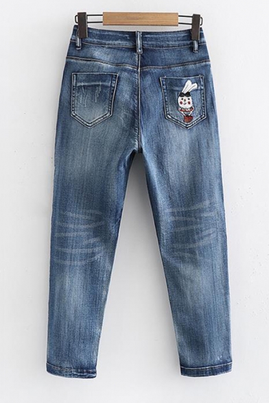 Cartoon Animal Embroidered Leisure Zipper Fly Cropped Jeans
