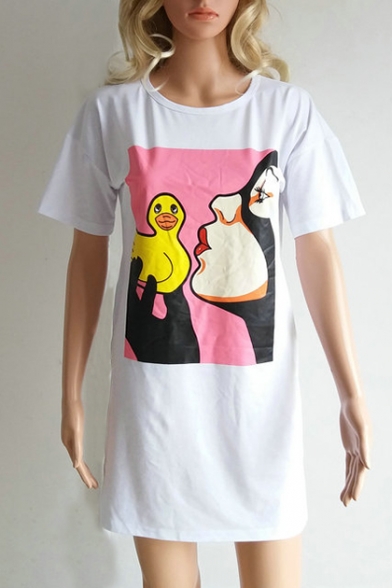 Chic Cartoon Duck Print Round Neck Short Sleeves Mini T-shirt Dress