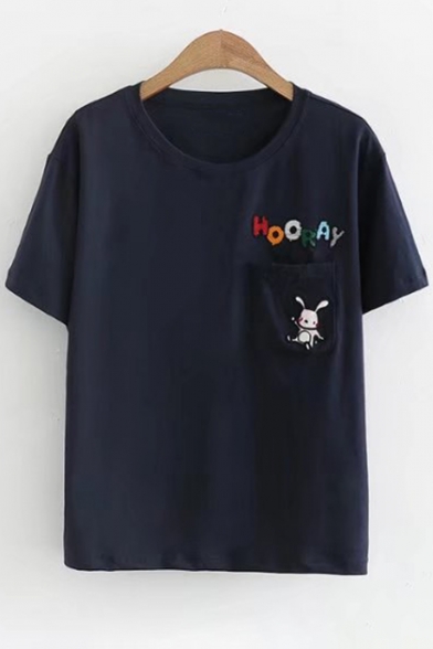 Childish Letter Rabbit Embroidery Chest Pocket Round Neck Short Sleeves Tee