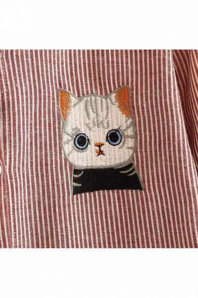 Cute Cat Embroidered Stand Up Collar Striped Long Sleeve Buttons Down Shirt
