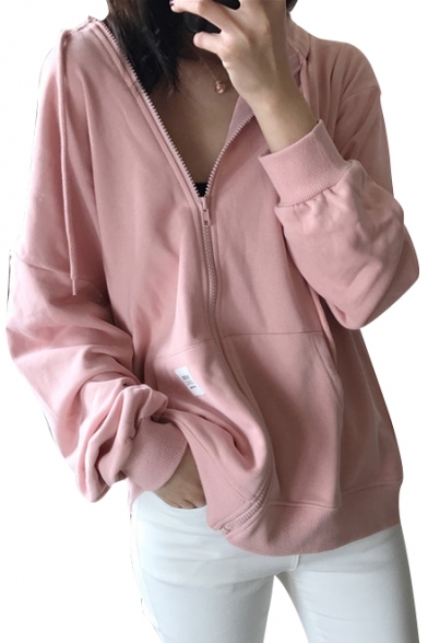 Daily Style Plain Long Sleeves Zippered Women's Hoodie with Pockets