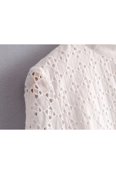 Fancy Popular Lace Panel Embroidery Pompom Detail Button Front Dipped Hem Shirt