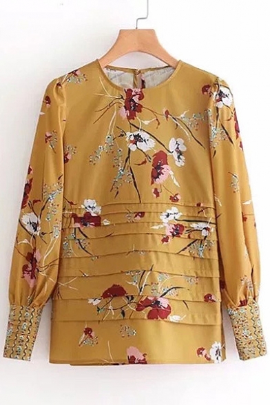Floral Pattern Round Neck Long Sleeve Pleated Front Blouse