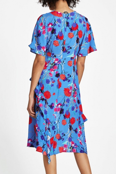 Floral Print V-Neck Ruffle Detail Short Sleeve Zip Back Midi A-line Dress