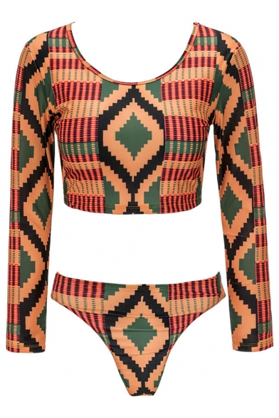 Tribal Print Scoop Neck Long Sleeve Summer Beach Swimwear