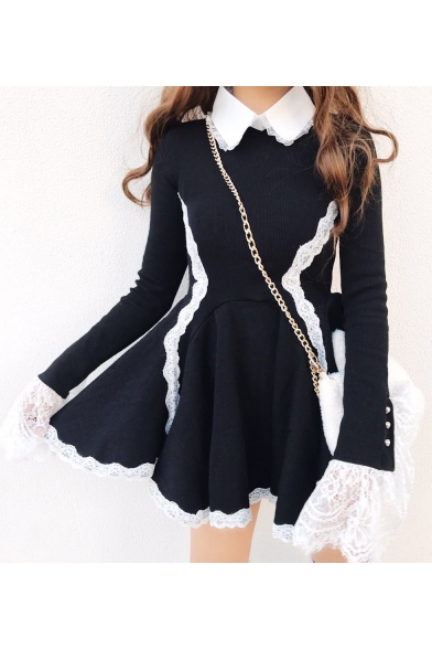 Lolita Style Contrast Lapel Collar Lace Insert Long Sleeve Mini A-Line Dress