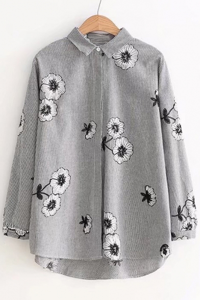 Monochrome Floral Embroidered Button Front Long Sleeve Dipped Hem Shirt