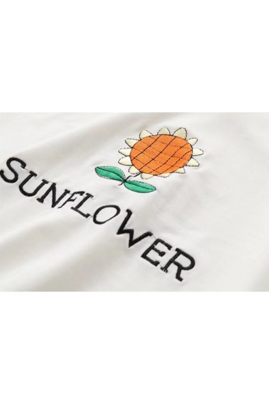 Natural Sunflower Floral Letter Embroidery Long Sleeves Pullover Hoodie